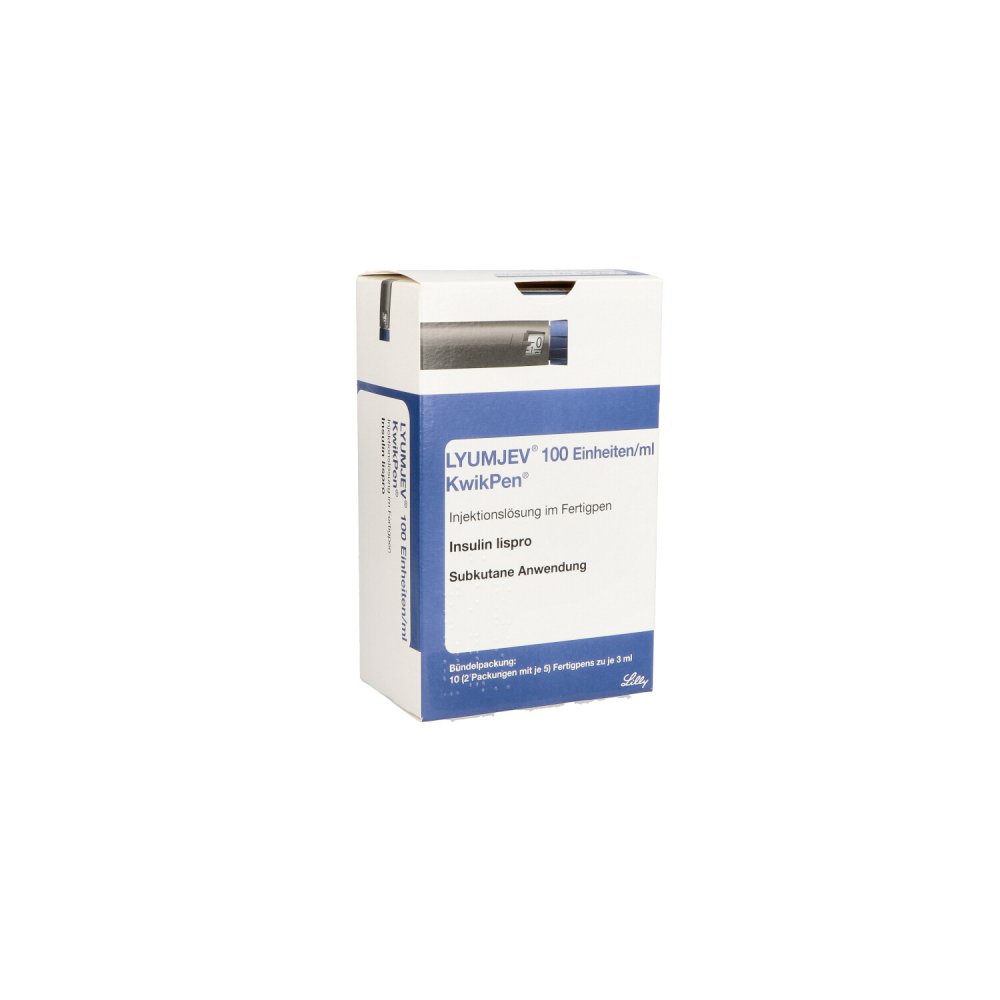 Das Produktfoto zeigt Lyumjev 100 E/Ml Kwikpen Inj.-Lsg.Im Fertigpen (10X3 ml) PZN 16508350