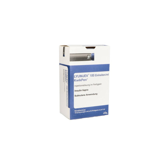 Das Produktfoto zeigt Lyumjev 100 E/Ml Kwikpen Inj.-Lsg.Im Fertigpen (10X3 ml) PZN 16508350