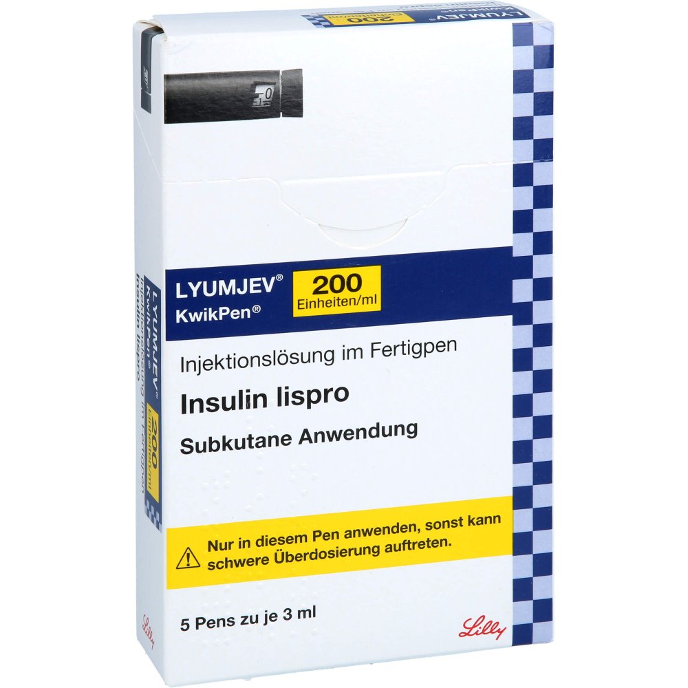 Das Produktfoto zeigt Lyumjev 200 E/Ml Kwikpen Inj.-Lsg.Im Fertigpen (5X3 ml) PZN 16508367