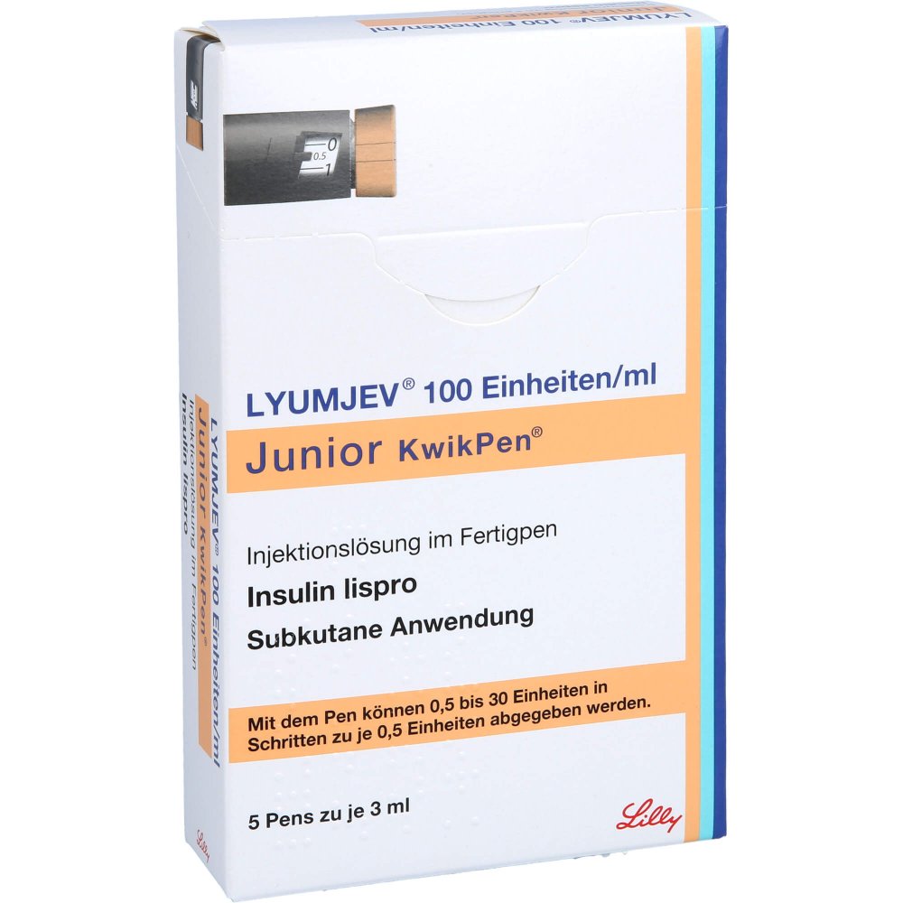 Das Produktfoto zeigt Lyumjev 100 E/Ml Junior Kwikpen Inj.-Lsg.Fertigpen (5X3 ml) PZN 16508410