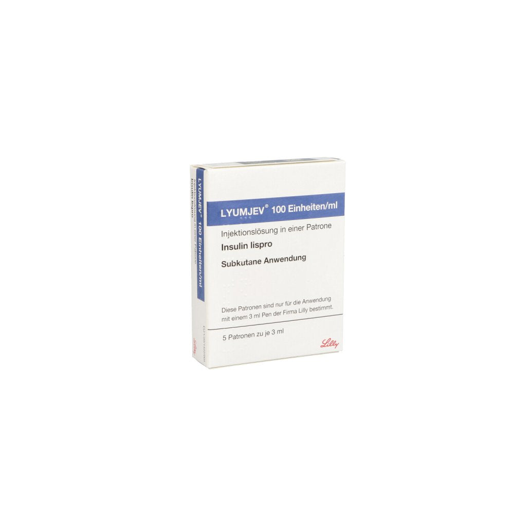 Das Produktfoto zeigt Lyumjev 100 E/Ml Injektionslösung I.E.Patrone 3 Ml (5X3 ml) PZN 16508427