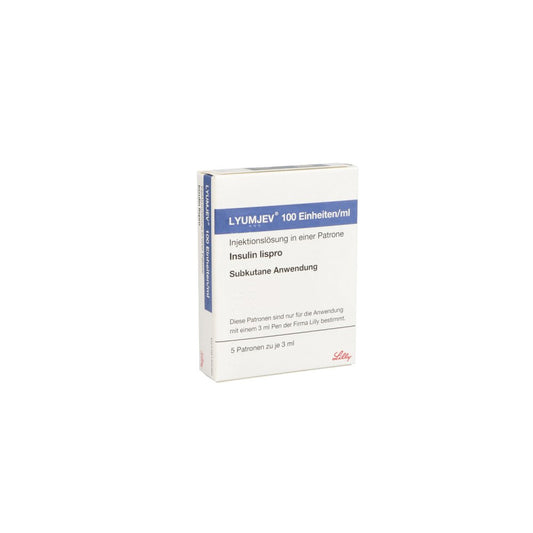 Das Produktfoto zeigt Lyumjev 100 E/Ml Injektionslösung I.E.Patrone 3 Ml (5X3 ml) PZN 16508427