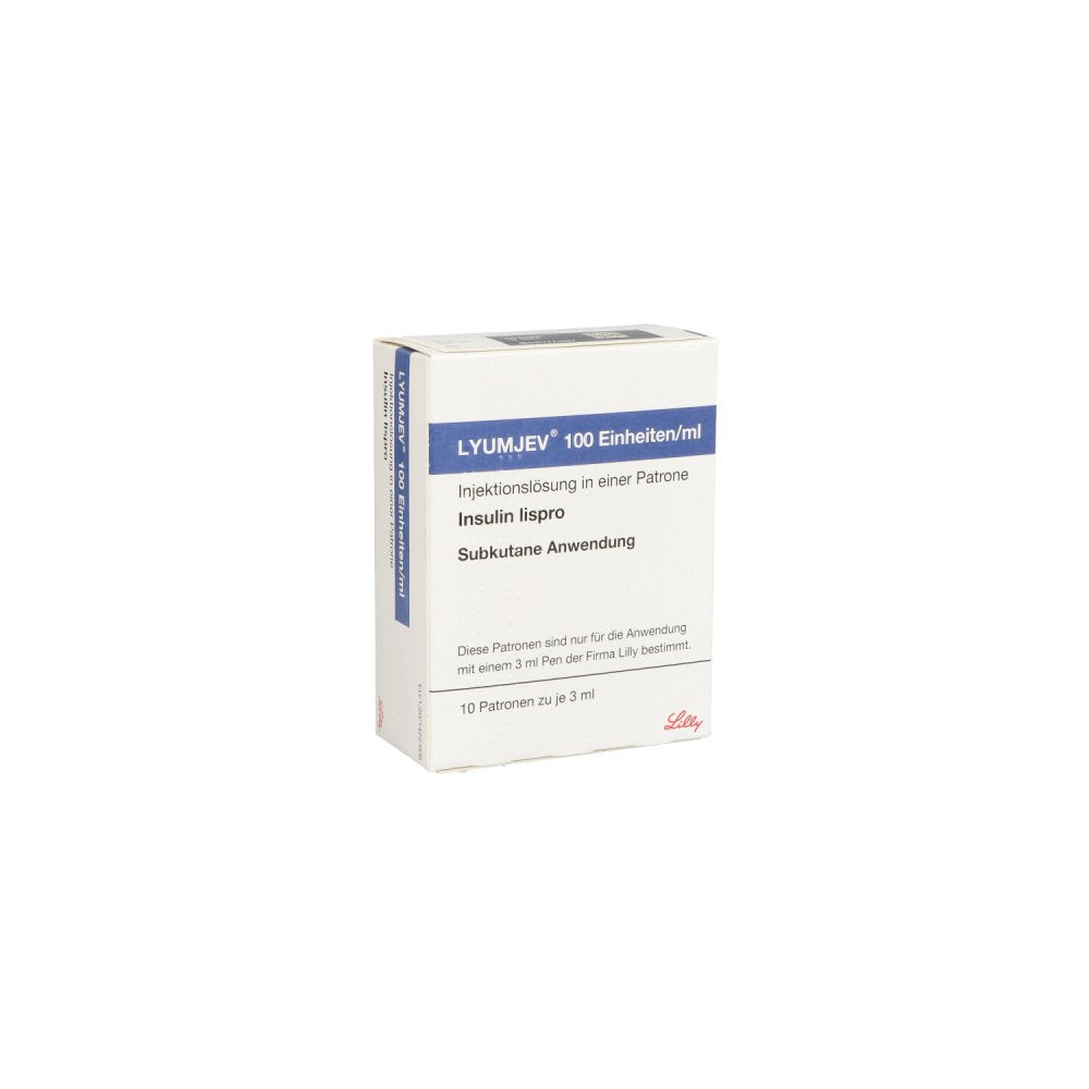 Das Produktfoto zeigt Lyumjev 100 E/Ml Injektionslösung I.E.Patrone 3 Ml (10X3 ml) PZN 16508433