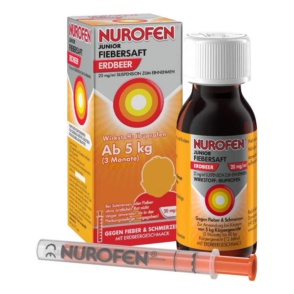 Das Produktfoto zeigt Nurofen Junior Fiebersaft Erdbeer 20 Mg/Ml (100 ml) PZN 16516846