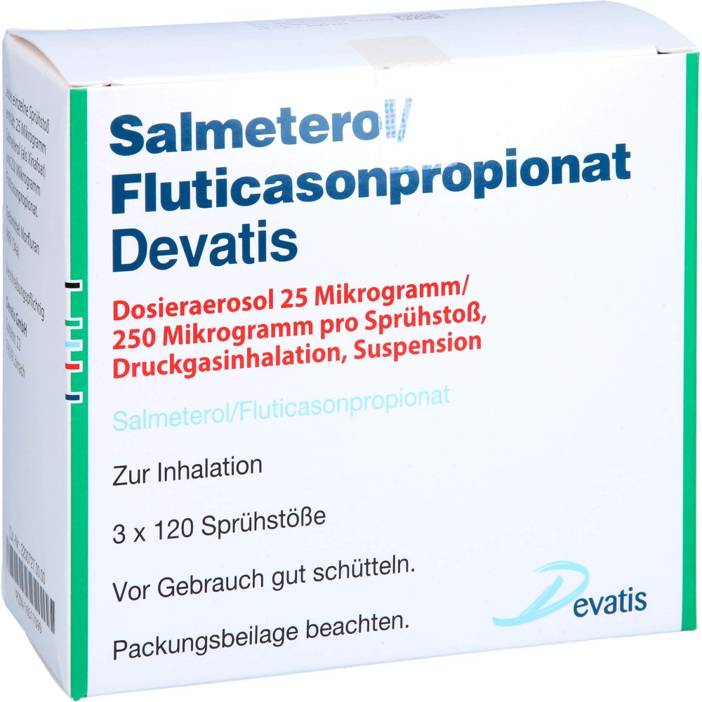 Das Produktfoto zeigt Salmeterol/Fluticasonpropionat Devatis 25μg/250μg (3 stk) PZN 16517099