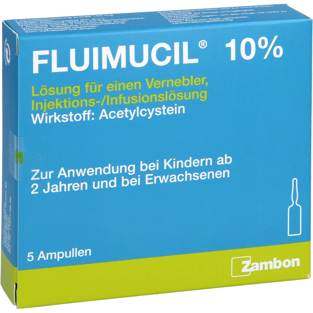 Das Produktfoto zeigt Fluimucil 10% Lsg.F.Vernebler Inj.-/Inf.-Lsg.Amp. (5X3 ml) PZN 16517343