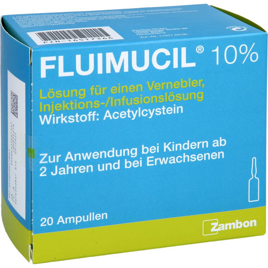 Das Produktfoto zeigt Fluimucil 10% Lsg.F.Vernebler Inj.-/Inf.-Lsg.Amp. (20X3 ml) PZN 16517366