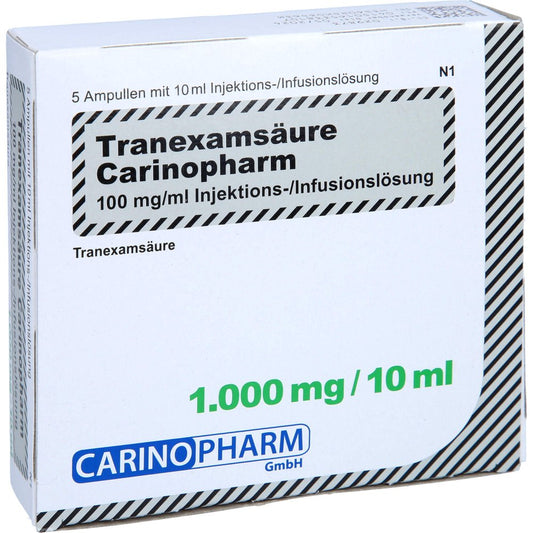 Das Produktfoto zeigt Tranexamsäure Carinopharm 100 Mg/Ml Inj./Inf.-L. (5X10 ml) PZN 16533810
