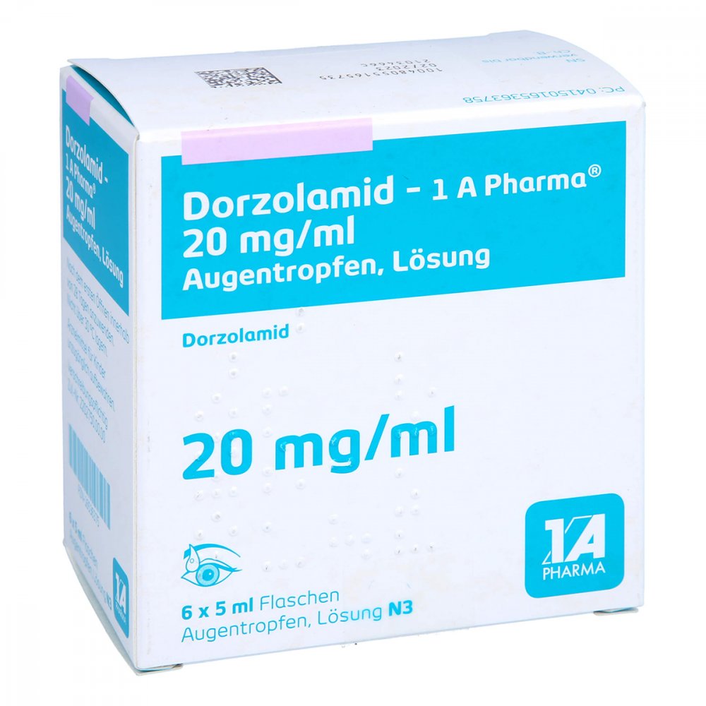 Das Produktfoto zeigt Dorzolamid-1a Pharma 20 Mg/Ml Augentropfen Lösung (6X5 ml) PZN 16536375