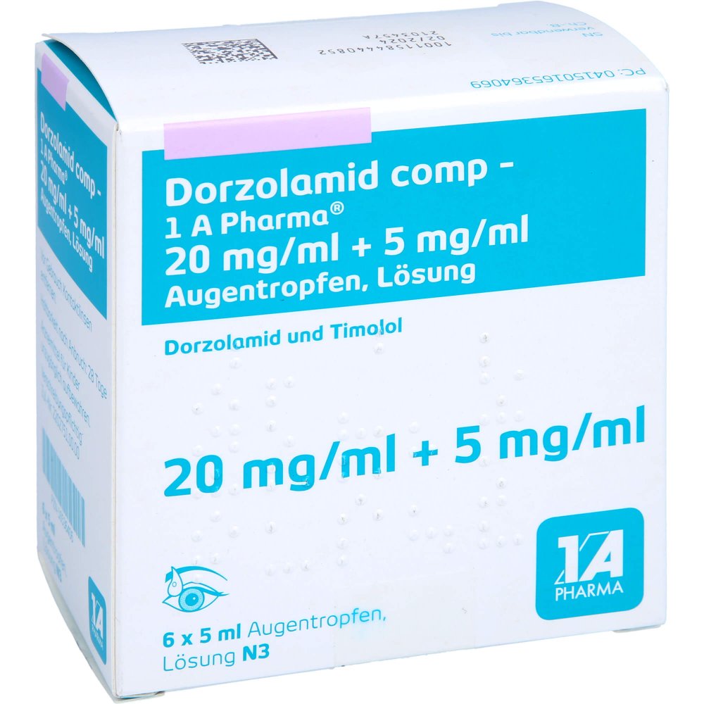 Das Produktfoto zeigt Dorzolamid Comp-1a Pharma 20mg/Ml+5mg/Ml Augentr. (6X5 ml) PZN 16536406