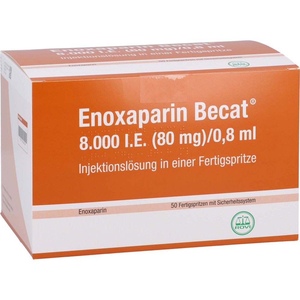 Das Produktfoto zeigt Enoxaparin Becat 8.000 I.E. 80mg/0,8ml Ilo Fs+Si.S (50 stk) PZN 16536748