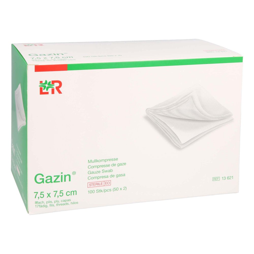 Das Produktfoto zeigt Gazin Mullkomp.7,5x7,5 Cm Steril 8fach (50X2 stk) PZN 16537305