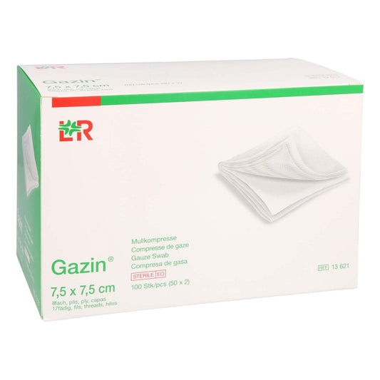 Das Produktfoto zeigt Gazin Mullkomp.7,5x7,5 Cm Steril 8fach (50X2 stk) PZN 16537305