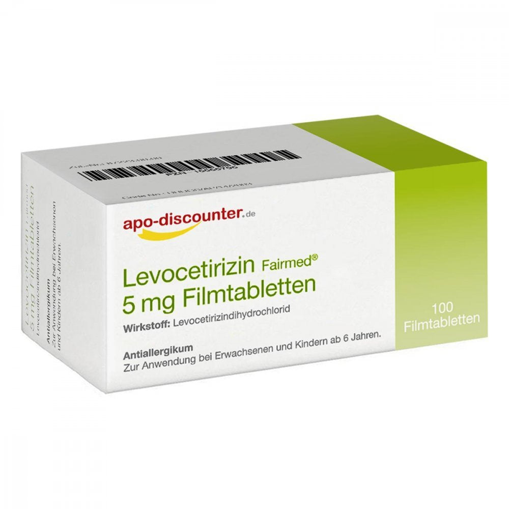 Das Produktfoto zeigt Levocetirizin Fairmed 5 Mg Filmtabletten (100 stk) PZN 16565796