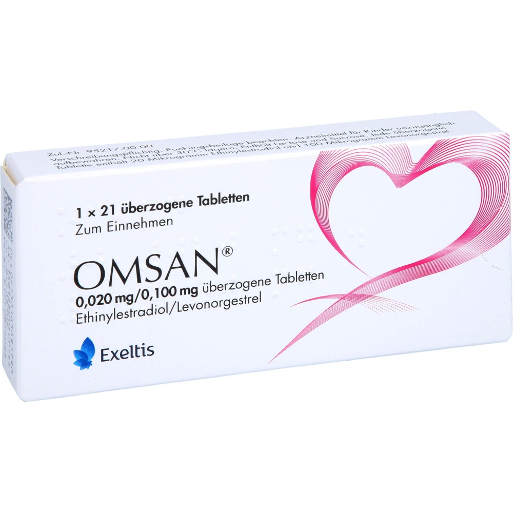 Das Produktfoto zeigt Omsan 0,02 Mg/0,1 Mg Überzogene Tabletten (1X21 stk) PZN 16569179