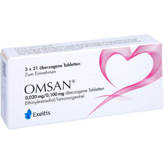 Das Produktfoto zeigt Omsan 0,02 Mg/0,1 Mg Überzogene Tabletten (3X21 stk) PZN 16569185