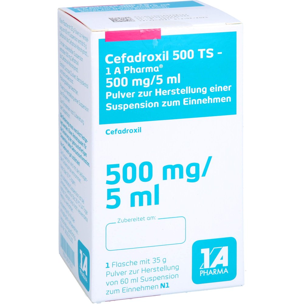 Das Produktfoto zeigt Cefadroxil 500 Ts-1a Pharma 500 Mg/5 Ml Pse (60 ml) PZN 16575317