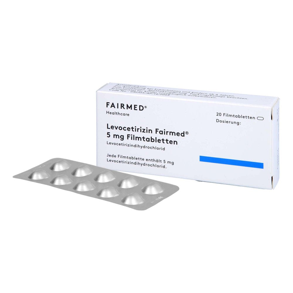 Das Produktfoto zeigt Levocetirizin Fairmed 5 Mg Filmtabletten (20 stk) PZN 16580761