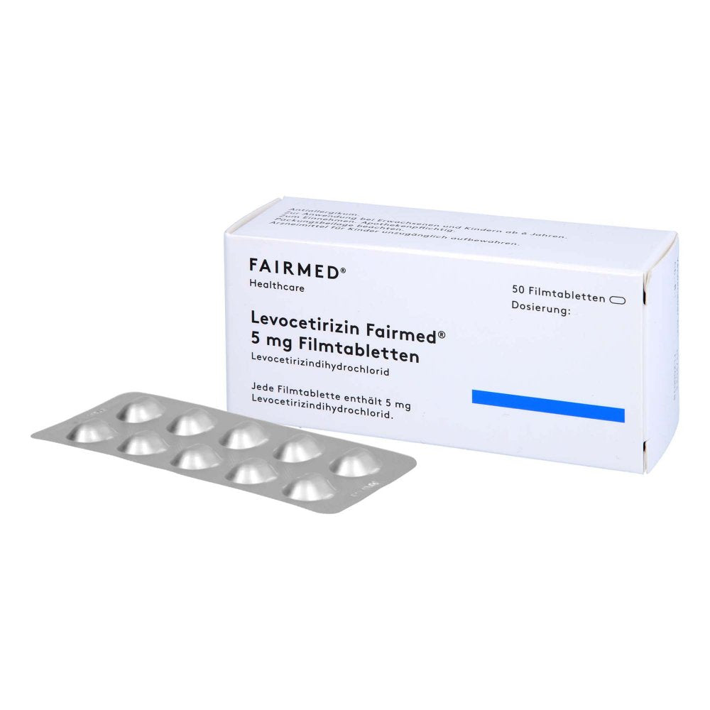 Das Produktfoto zeigt Levocetirizin Fairmed 5 Mg Filmtabletten (50 stk) PZN 16580778