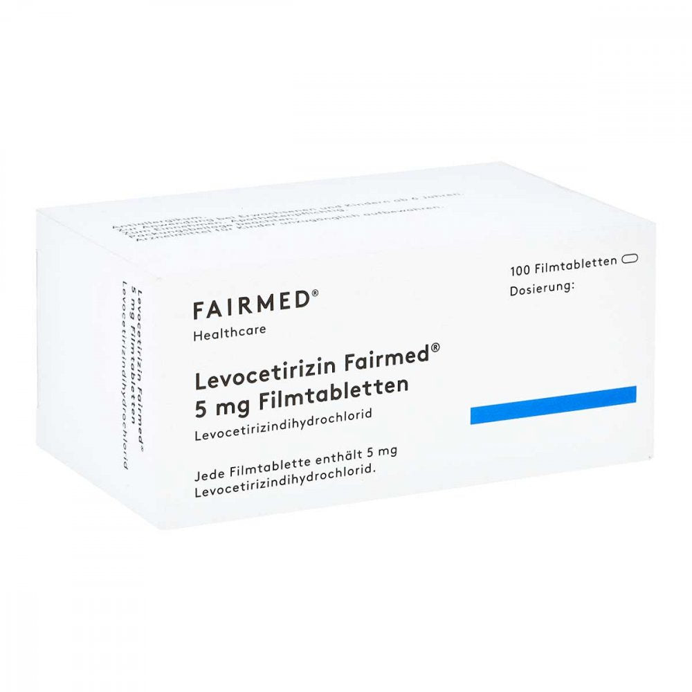 Das Produktfoto zeigt Levocetirizin Fairmed 5 Mg Filmtabletten (100 stk) PZN 16580784