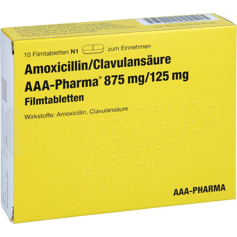 Das Produktfoto zeigt Amoxicillin/Clavulansäure Aaa-Pharma 875 Mg/125 Mg (10 stk) PZN 16584405