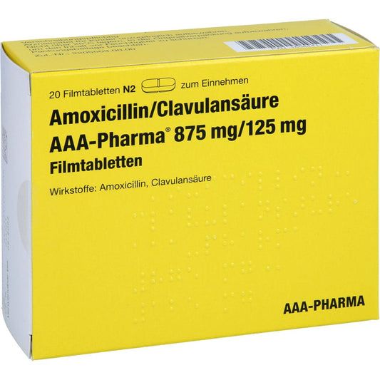 Das Produktfoto zeigt Amoxicillin/Clavulansäure Aaa-Pharma 875 Mg/125 Mg (20 stk) PZN 16584411