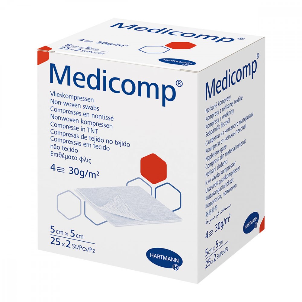 Das Produktfoto zeigt Medicomp Vlieskomp.Steril 5x5 Cm 4fach (25X2 stk) PZN 16585391