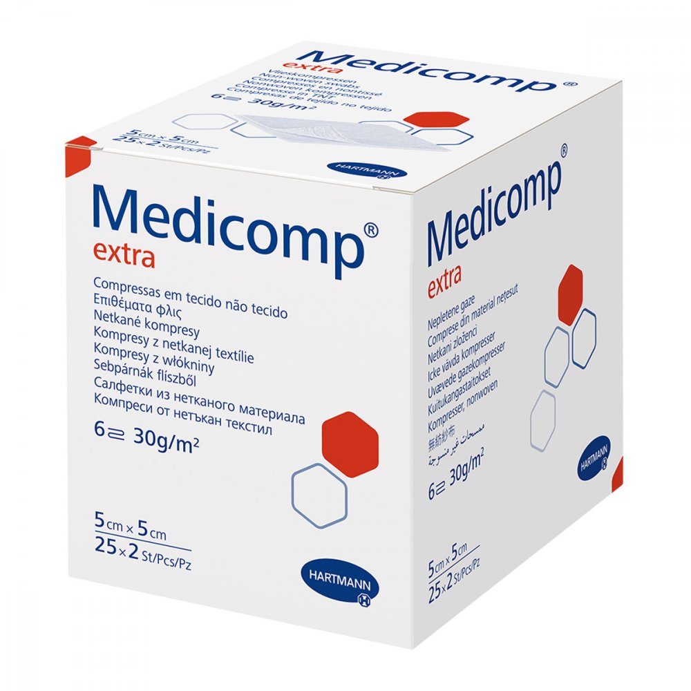Das Produktfoto zeigt Medicomp Extra Vlieskomp.Steril 5x5 Cm 6fach (25X2 stk) PZN 16585422