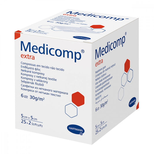 Das Produktfoto zeigt Medicomp Extra Vlieskomp.Steril 5x5 Cm 6fach (25X2 stk) PZN 16585422