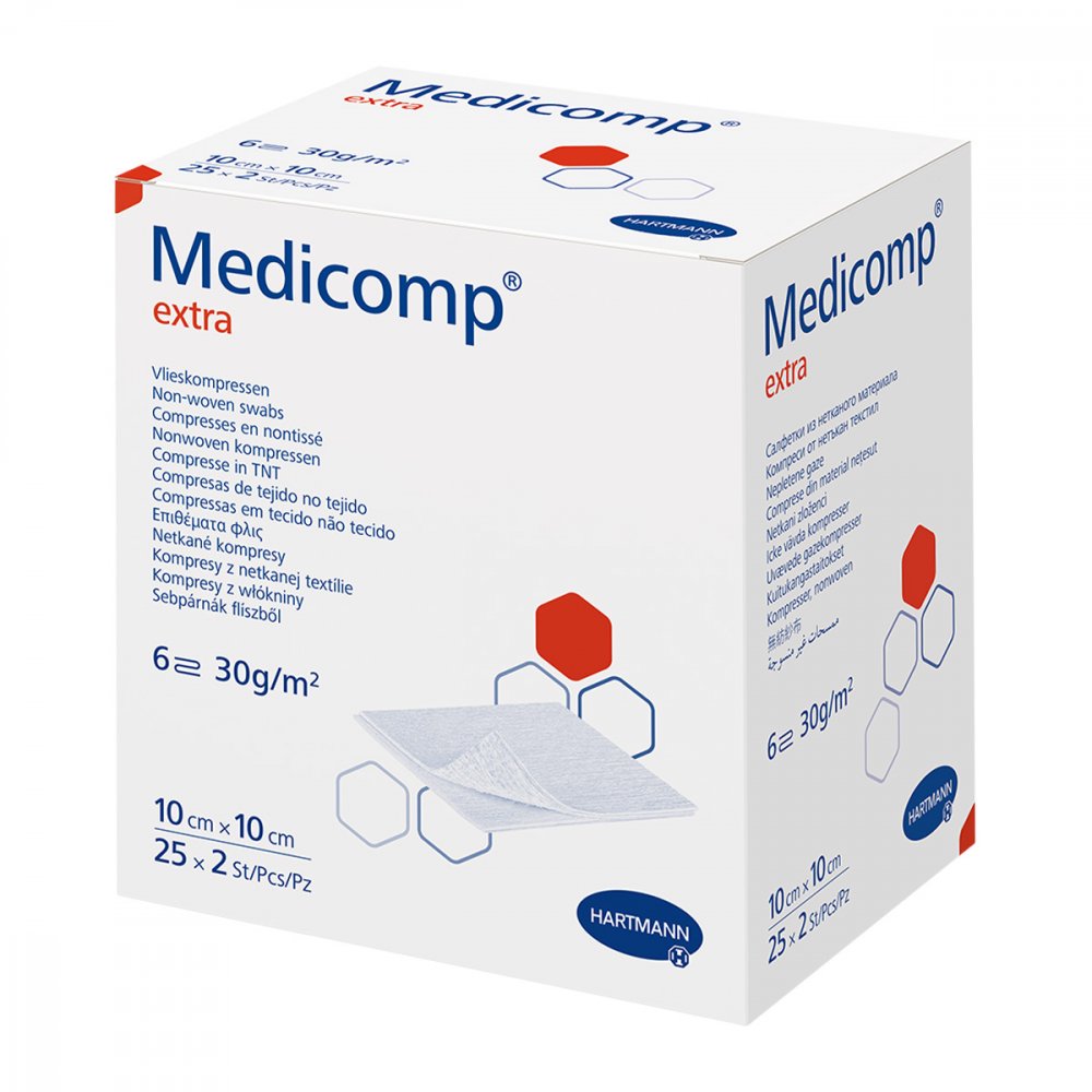 Das Produktfoto zeigt Medicomp Extra Vlieskomp.Steril 10x10 Cm 6fach (25X2 stk) PZN 16585451