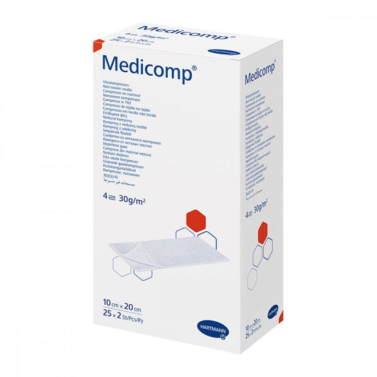 Das Produktfoto zeigt Medicomp Vlieskomp.Steril 10x20 Cm 4fach (25X2 stk) PZN 16585468