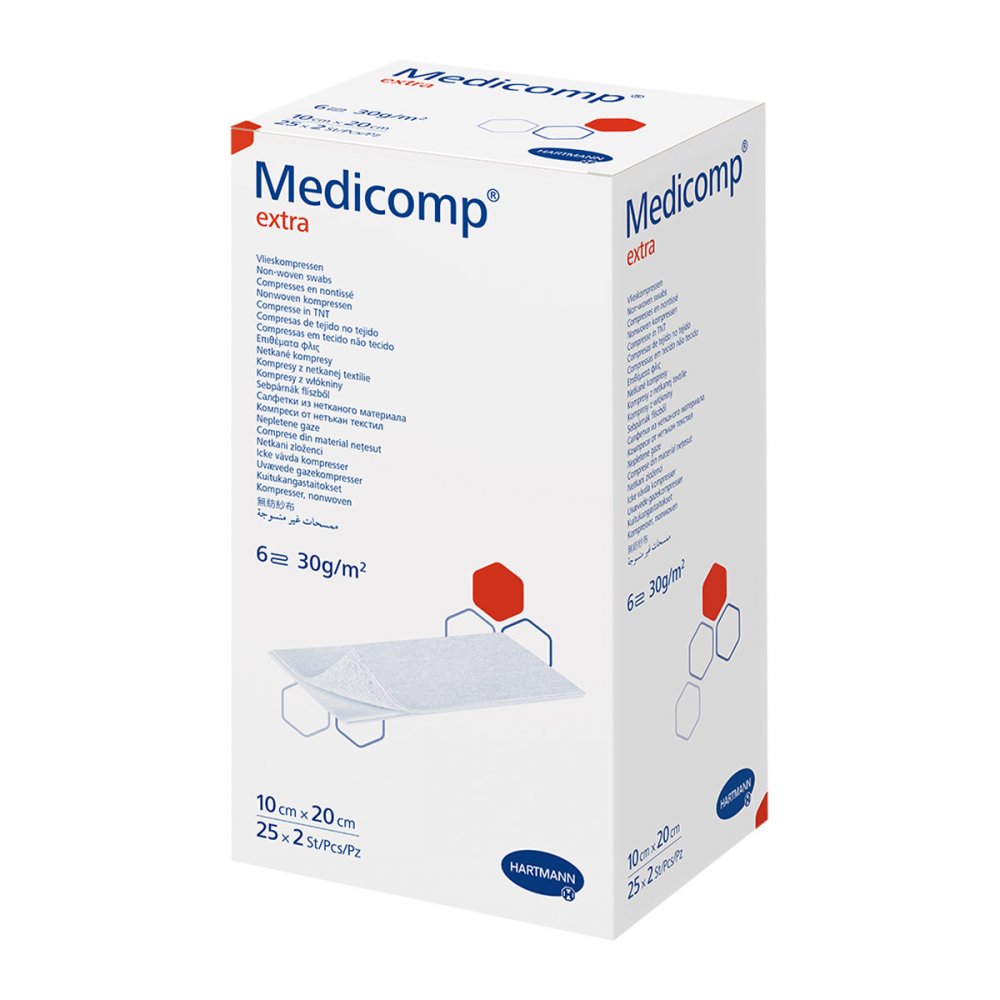 Das Produktfoto zeigt Medicomp Extra Vlieskomp.Steril 10x20 Cm 6fach (25X2 stk) PZN 16585474