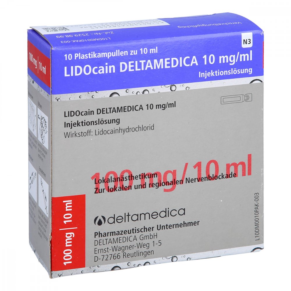 Das Produktfoto zeigt Lidocain Deltamedica 10 Mg/Ml Inj.-Lsg.Plastikamp. (10X10 ml) PZN 16587444