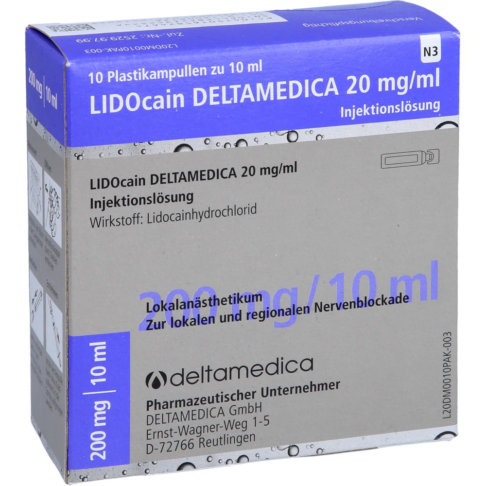 Das Produktfoto zeigt Lidocain Deltamedica 20 Mg/Ml Inj.-Lsg.Plastikamp. (10X10 ml) PZN 16587467
