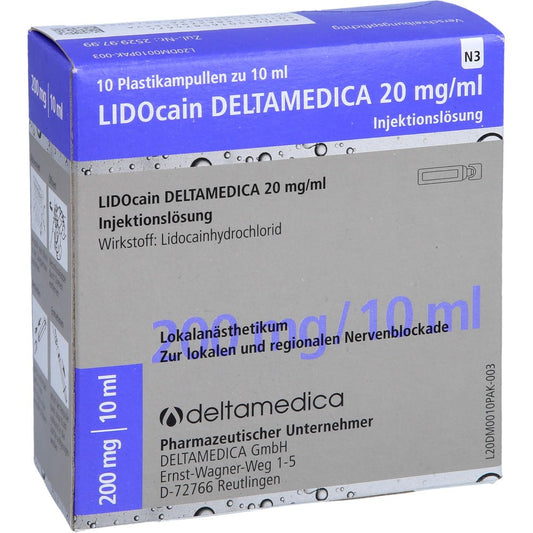 Das Produktfoto zeigt Lidocain Deltamedica 20 Mg/Ml Inj.-Lsg.Plastikamp. (10X10 ml) PZN 16587467