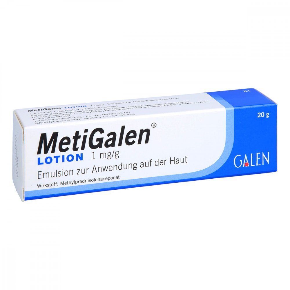Das Produktfoto zeigt Metigalen Lotion 1 Mg/G Emulsion Z.Anw.Auf D.Haut (20 g) PZN 16597626