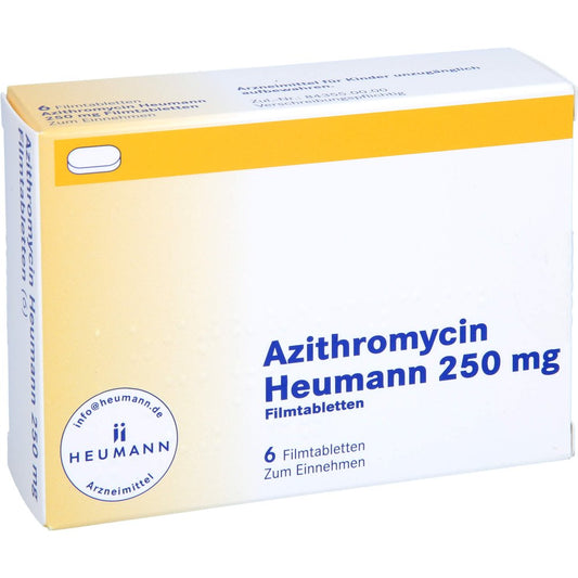 Das Produktfoto zeigt Azithromycin Heumann 250 Mg Filmtabletten (6 stk) PZN 16598583