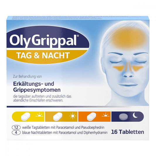 Das Produktfoto zeigt Olygrippal Tag & Nacht 500 Mg/60 Mg Tabletten (16 stk) PZN 16622956
