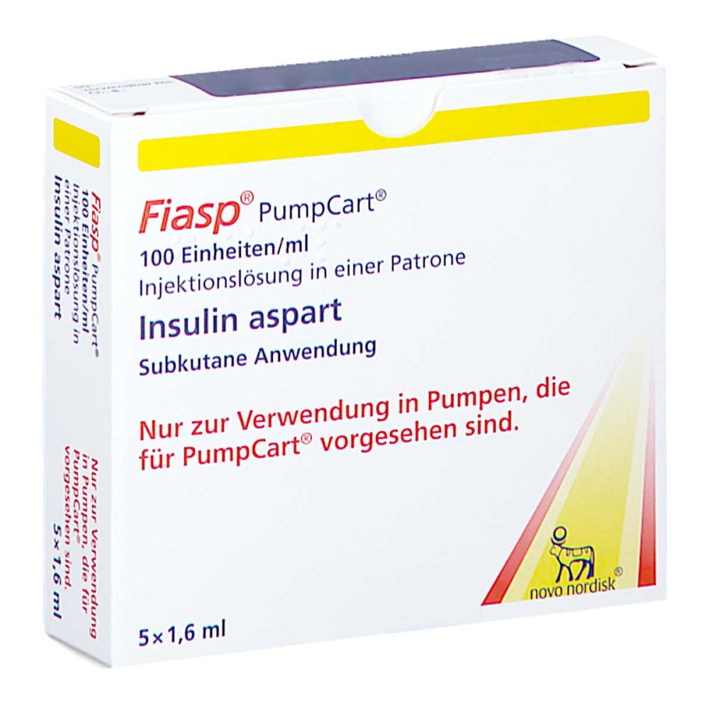 Das Produktfoto zeigt Fiasp 100 E/Ml Pumpcart Inj.-Lsg.In Einer Patrone (5X1.6 ml) PZN 16634468