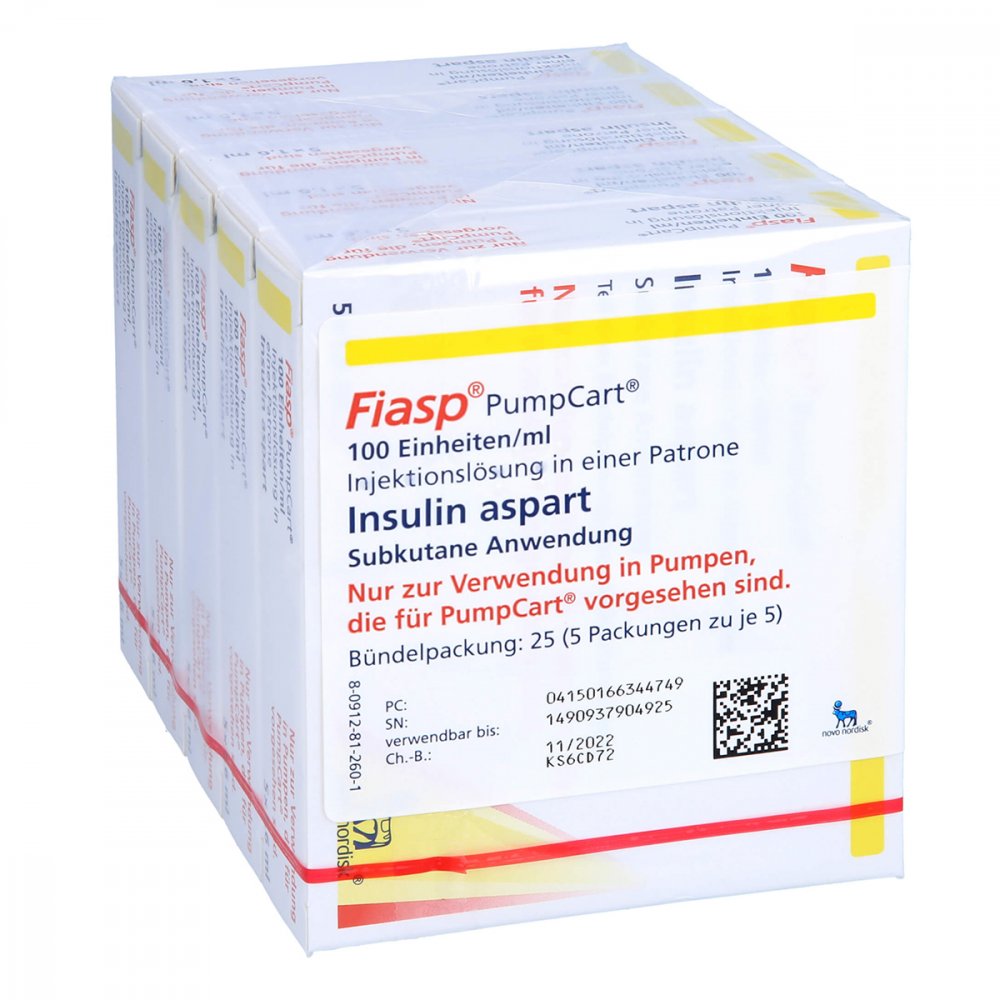 Das Produktfoto zeigt Fiasp 100 E/Ml Pumpcart Inj.-Lsg.In Einer Patrone (5X5X1.6 ml) PZN 16634474