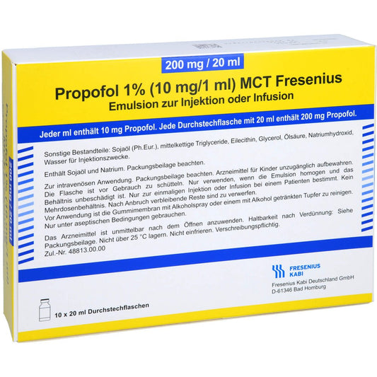 Das Produktfoto zeigt Propofol 1% 10mg/1ml Mct Fres.Em.Z.Inj.U.Inf.Dsfl. (10X20 ml) PZN 16661502