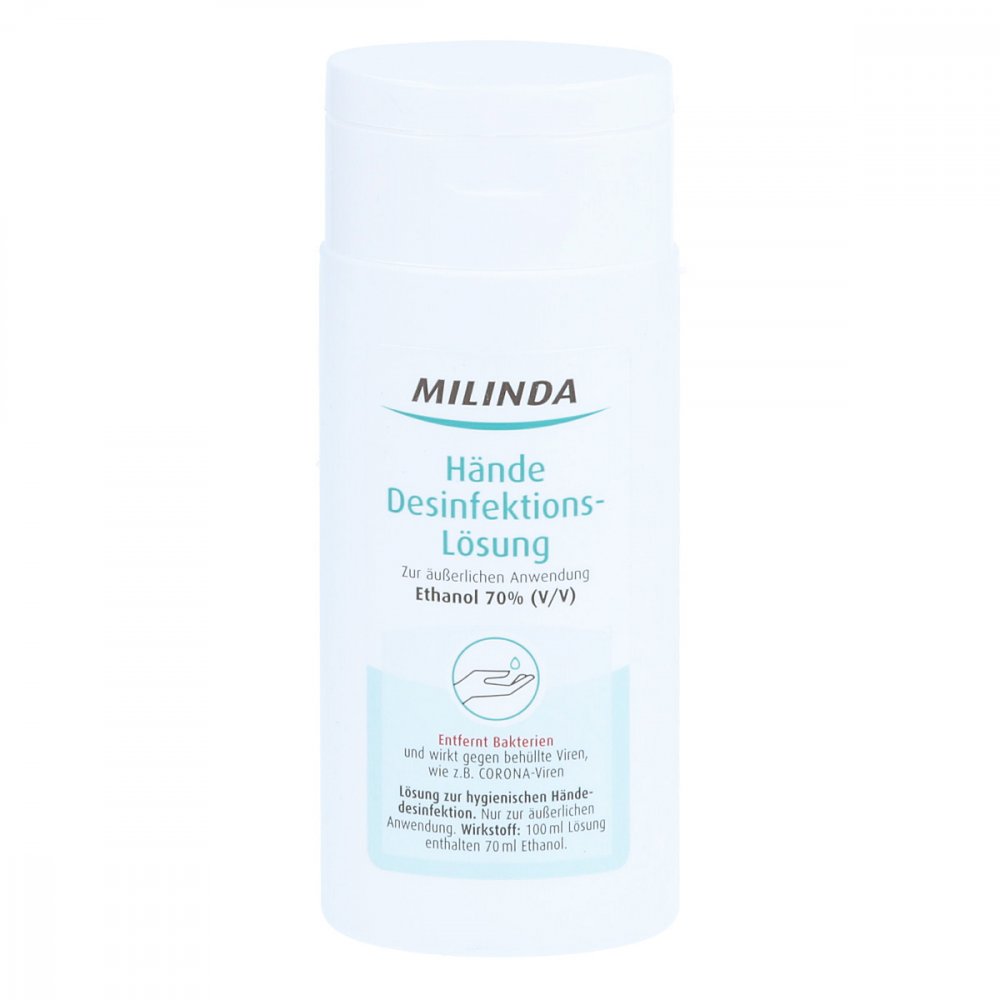 Das Produktfoto zeigt Milinda Hände Desinfektions-Lösung (50 ml) PZN 16681568