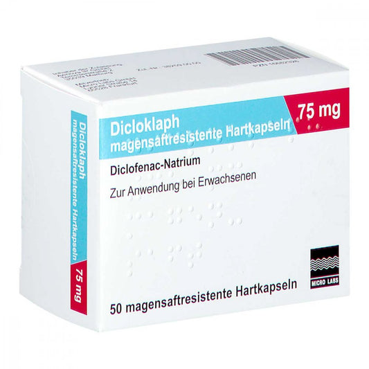 Das Produktfoto zeigt Dicloklaph 75 Mg Magensaftresistente Hartkapseln (50 stk) PZN 16682326