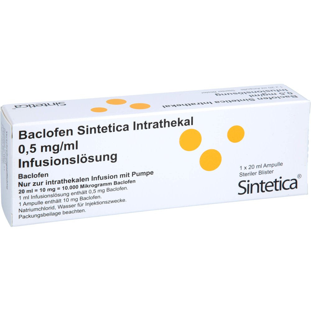 Das Produktfoto zeigt Baclofen Sintetica Intrathekal 0,5mg/Ml Inf.-L.Amp (1X20 ml) PZN 16731131