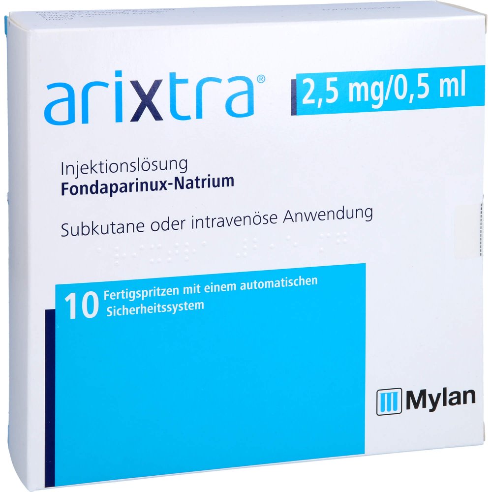 Das Produktfoto zeigt Arixtra 2,5 Mg/0,5 Ml Inj.-Lsg.I.E.Fertigspritze (10X0.5 ml) PZN 16732225