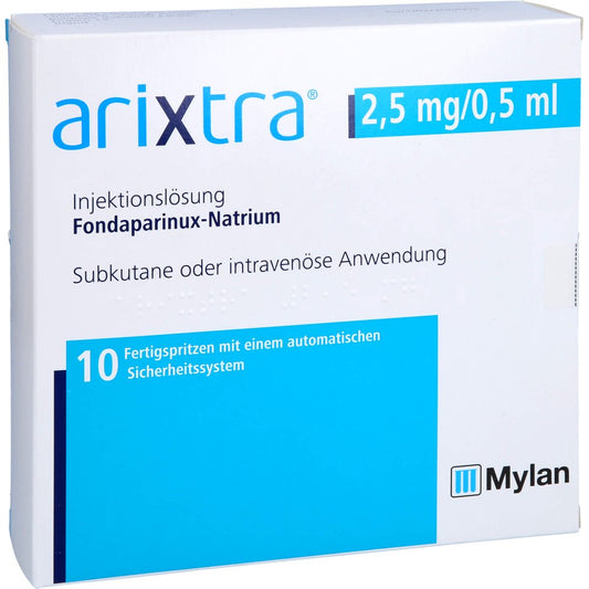 Das Produktfoto zeigt Arixtra 2,5 Mg/0,5 Ml Inj.-Lsg.I.E.Fertigspritze (10X0.5 ml) PZN 16732225