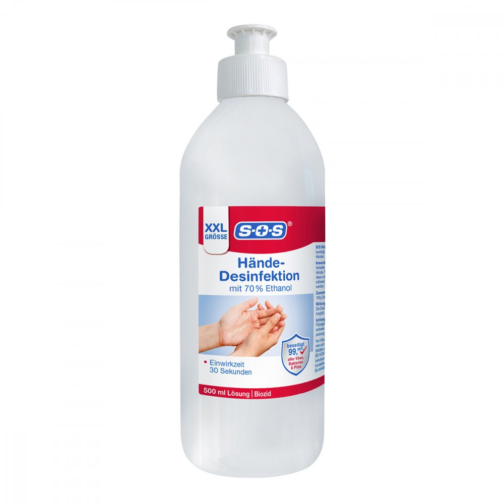 Das Produktfoto zeigt Sos Hände-Desinfektion Lösung (500 ml) PZN 16733650
