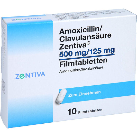 Das Produktfoto zeigt Amoxicillin/Clavulansäure Zentiva 500mg/125mg Fta (10 stk) PZN 16736424