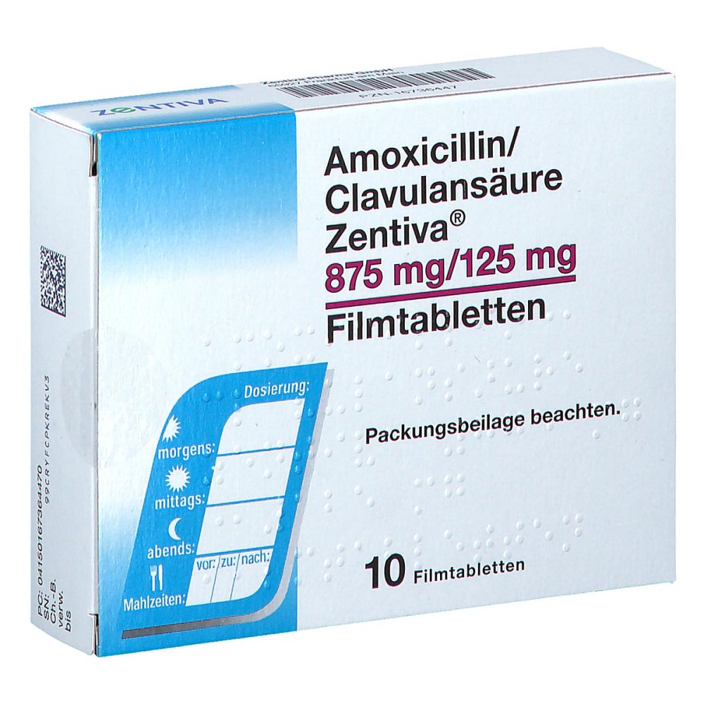 Das Produktfoto zeigt Amoxicillin/Clavulansäure Zentiva 875mg/125mg Fta (10 stk) PZN 16736447