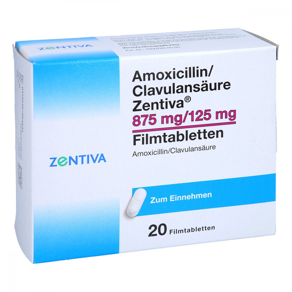 Das Produktfoto zeigt Amoxicillin/Clavulansäure Zentiva 875mg/125mg Fta (20 stk) PZN 16736453